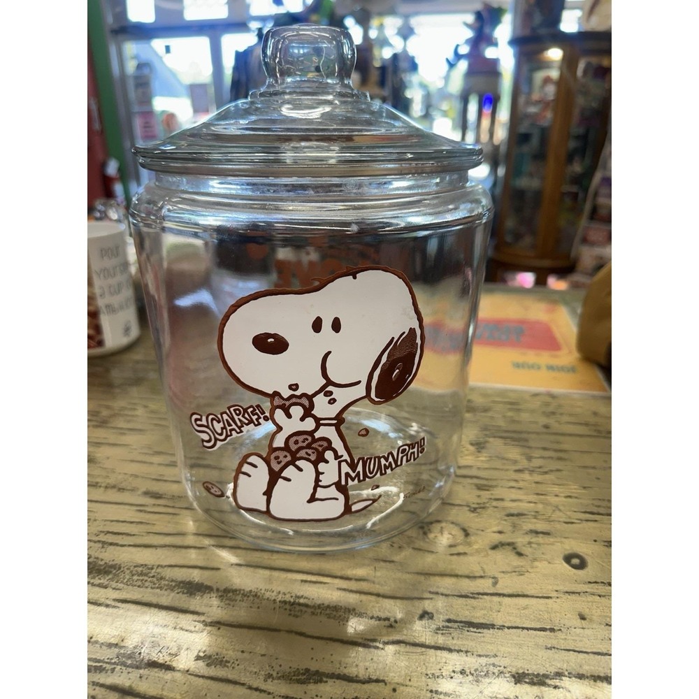 Vintage Snoopy Peanuts Clear Glass Cookie Jar Anchor Hocking "I Love Cookies"